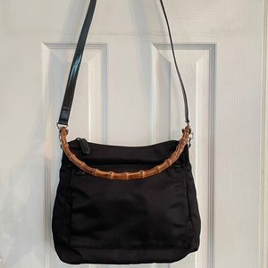 GUCCI Black Nylon Bamboo Handle 2-Way Shoulder Bag w/Crossbody Strap